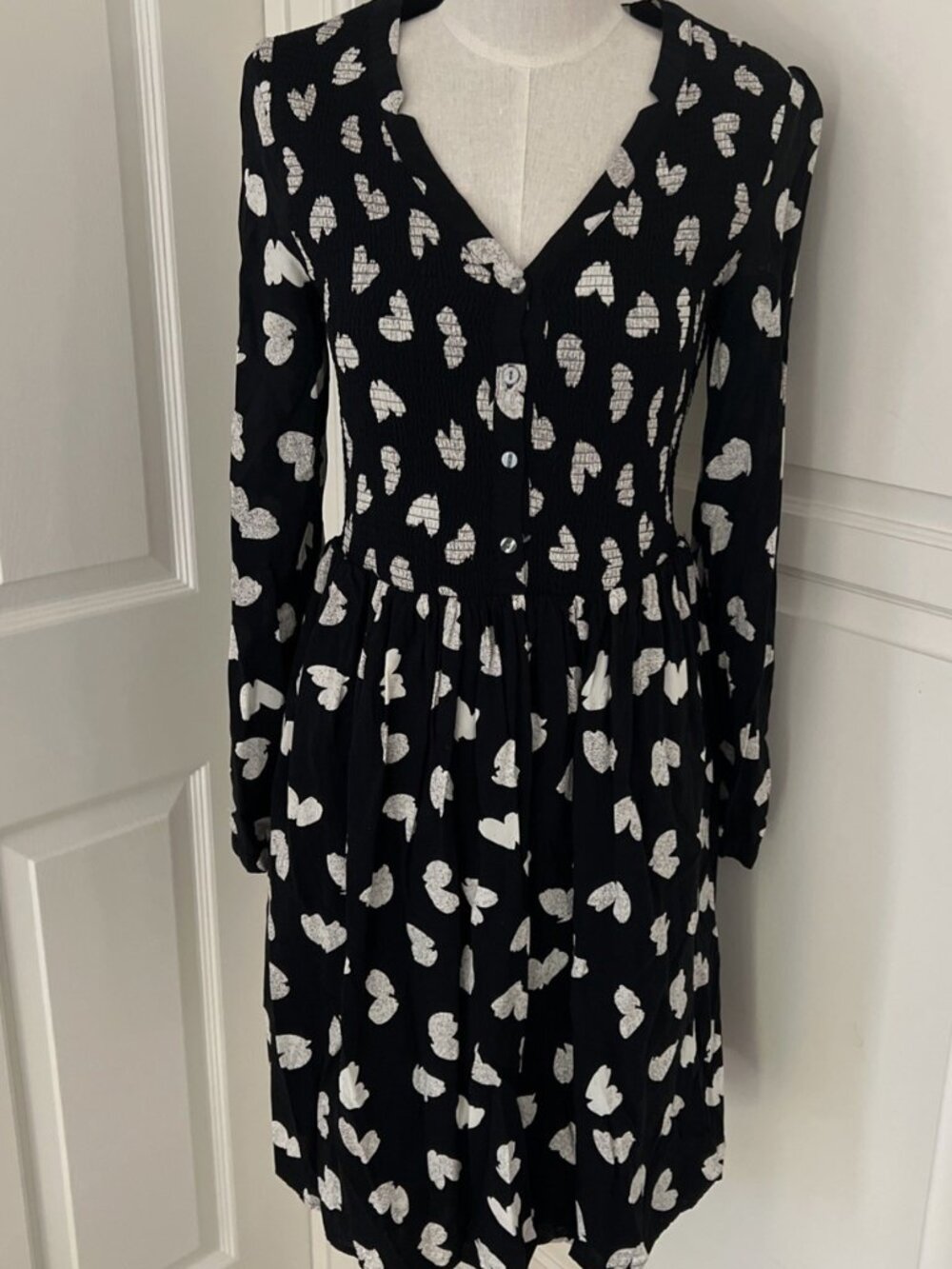Women's ANTHROPOLOGIE MAEVE Black White Hearts Rayon Lined Dress Size S